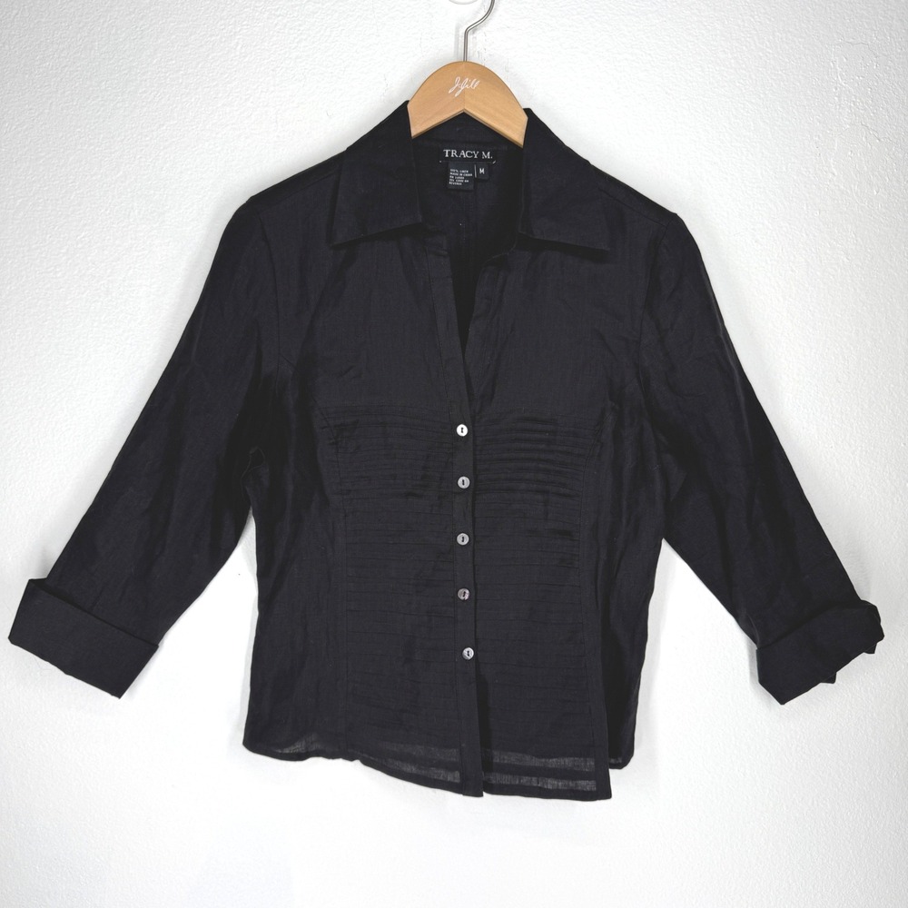 Womens Linen Pintuck Pleated Button Shirt Medium Minimalist‎ Capsule French Girl